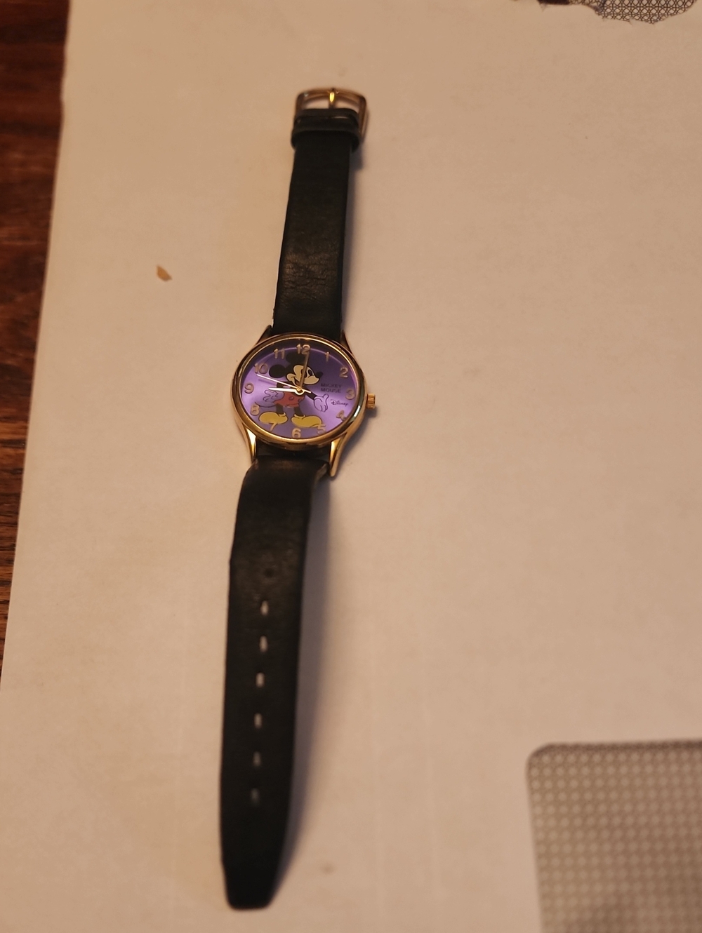 Disney Black Leather Strap Watch with Blue/ Purple Dial